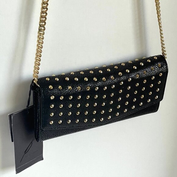 Brian Atwood Clutch Chain Wallet Small Black Leather Crossbody Gold Studded